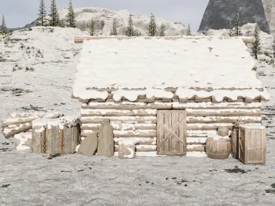 Snow landscape Cabin Scene 3D model