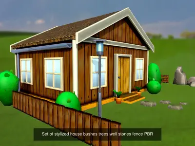 Set of stylized house bushes trees well stones fence PBR 3D Model Pack