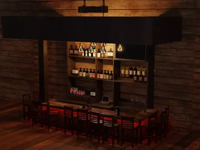 Bar counter with various drinks and red lighting Low-poly Low-poly 3D model