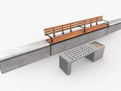 Concrete Urban Bench and Planter Set Low-poly 3D model