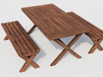 Lowpoly Dining Table and Bench Free low-poly 3D model