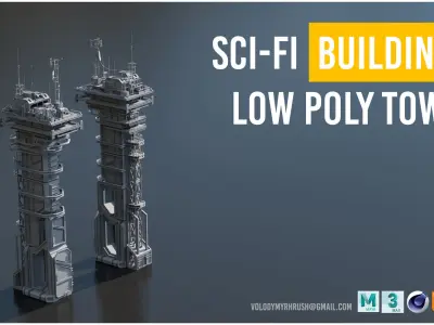 Scifi buildings radiotower skyscraper Low-poly 3D model