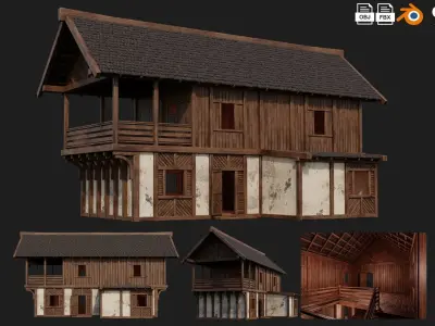 4 Old Medieval Houses Building Pack 4K Tex GameReady 97 to 100 Low-poly 3D model