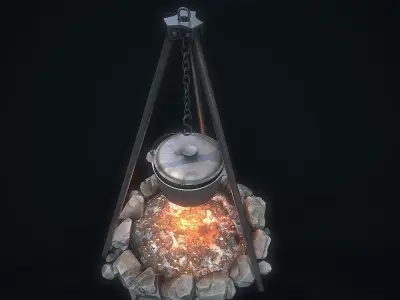 Camping bonfire bowler tripod Low-poly 3D model