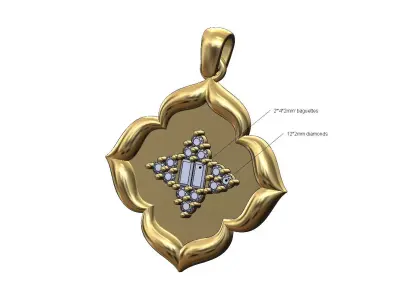 Star baguette and diamond cluster floral window pendant 3D print model