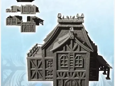 Large medieval half-timbered building with spiked roof and side  3D print model