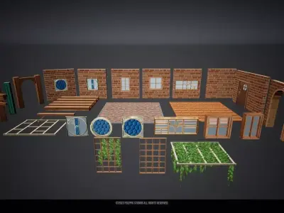 Stylized Solar Punk Modular Kits Low-poly 3D model