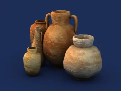 Low Poly Pottery group of ancient clay pots Low-poly 3D model
