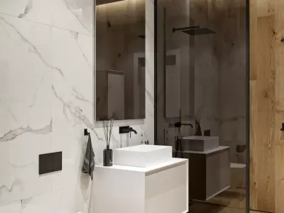 Bathroom modern with wooden floors and marble walls 3D model