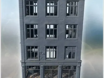 Four-story building with broken windows damaged facade and debri 3D print model