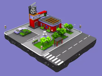 Cinema Block from Cartoon Low Poly City Low-poly 3D model