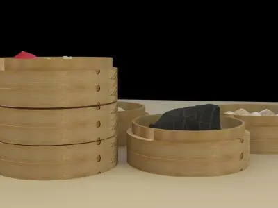 Chinese dim sum in steamer bamboo 3D model