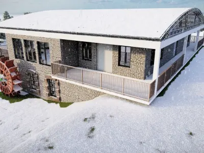 Double story building structure with outdoor water pond Exterior 3D model