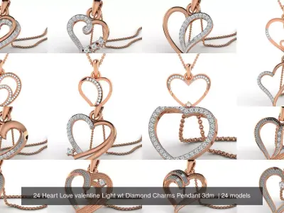 24 Heart Love valentine Light wt Diamond Charms Pendant 3dm  3D Model Pack