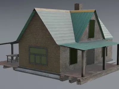 Old neglected yellow brick house with a canopy Low-poly 3D model