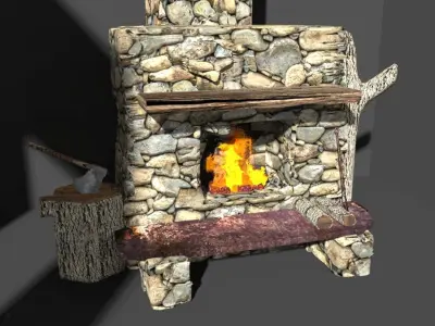 medieval stone fireplace old stove Low-poly 3D model