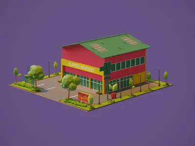 Supermarket building Low-poly 3D model