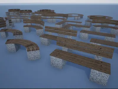 Stone-Wooden Bench Collection Low-poly 3D model