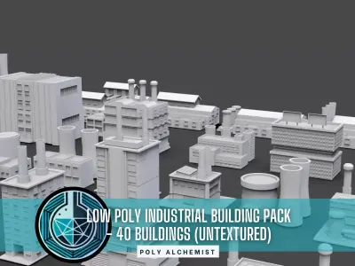 Low Poly Industrial Building Pack Of 40 -Game Ready -Untextured Low-poly 3D model