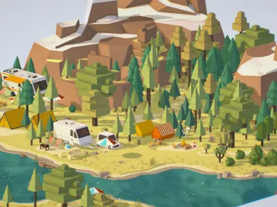 isometric style camping level constructor Low-poly 3D model