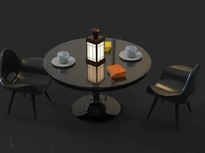Tea Set table with chairs and lamp Low-poly 3D model