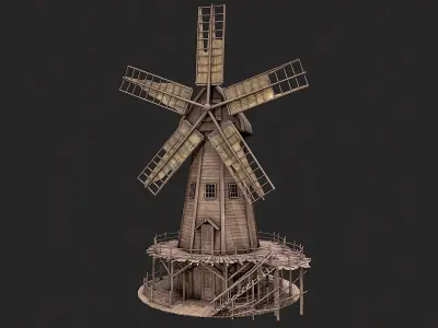 Medieval Wooden Windmill Low Poly PBR Low-poly 3D model