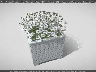 Public Plant Pot Wood-Version with White Flowers Low-poly 3D model