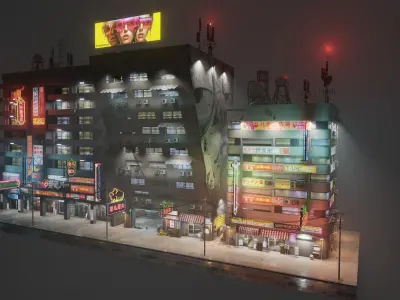 Cyberpunk Street And Shops Neon Light Low-poly 3D model