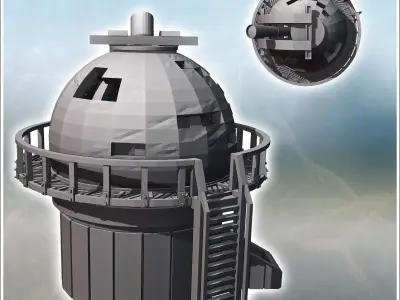 Damaged modern observatory with large telescope and circular bal 3D print model