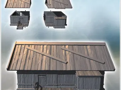 Traditional wooden house with a raised porch and steps leading t 3D print model