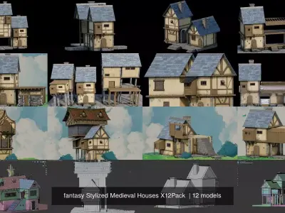 fantasy Stylized Medieval Houses X12Pack 