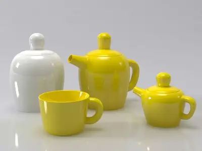 Bulky three teapots and cups on tray 3D model