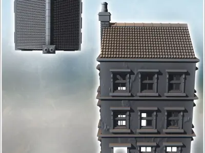 Tiled-roof house with bay window on the ground floor and a large 3D print model