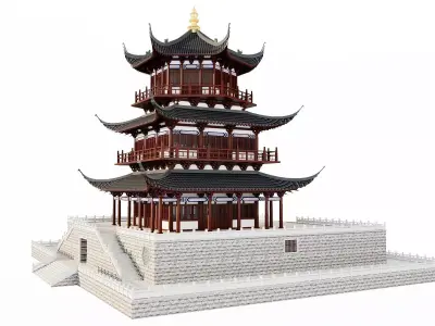 Ancient Japan Pavilion Tower on Stone Terrace 3D model