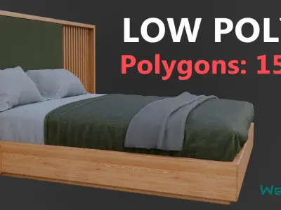 Bed with Vertical Slatted Headboard Low-poly 3D model