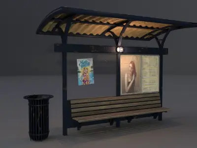 Bus station with trashcan PBR 3D model