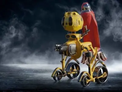 Rob-Evelin robot riding bike in desert 3D model