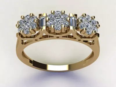 Three Stone Floral Cluster Diamond Ring with Baguette Accents 3D print model