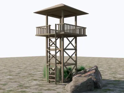 TOWER-3-BALCONY wooden watch tower Low-poly 3D model