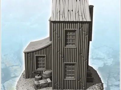 Wooden building with multiple curved roofs and exterior accessor 3D print model