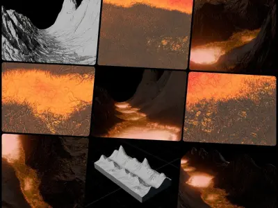 16k Infinite lava river Seamless height map and 3D terrain Low-poly 3D model