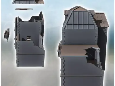 Large building with a zinc roof hewn stone base and flat-roofed  3D print model