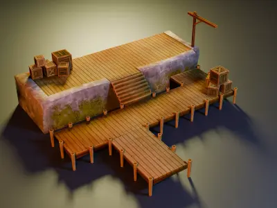 Stylized Wooden Dock with Crates Low-poly 3D model