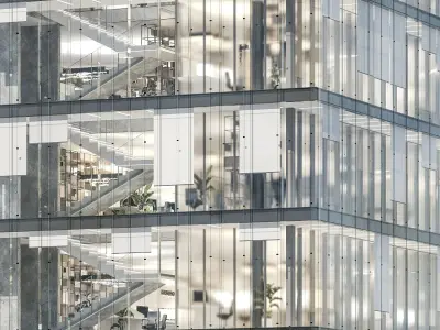 Modern office building 04 at night with simple interiors 3D model