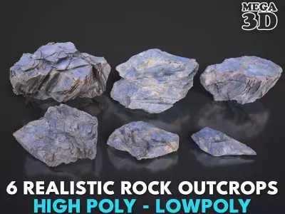 6 Realistic Rock Outcrops 3D Pack - 250702 Low-poly 3D model