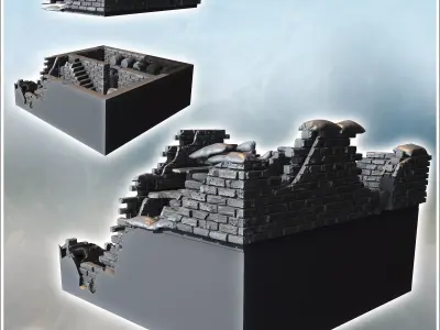 Heavily damaged stone building with exposed steel framework and  3D print model