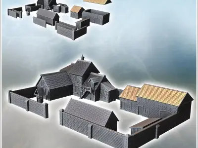 Set of rural farm with multiple buildings barn well and stone en 3D print model