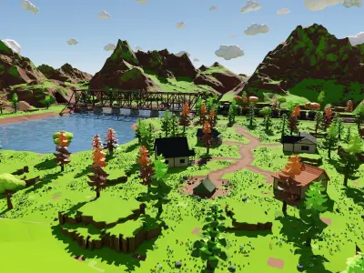 Mountain Village With Train 3D model