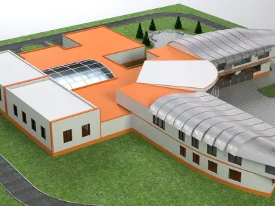 School building on grass 3D model