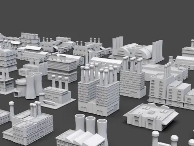 Low Poly Industrial Building Pack Of 50 -Game Ready -Untextured Low-poly 3D model